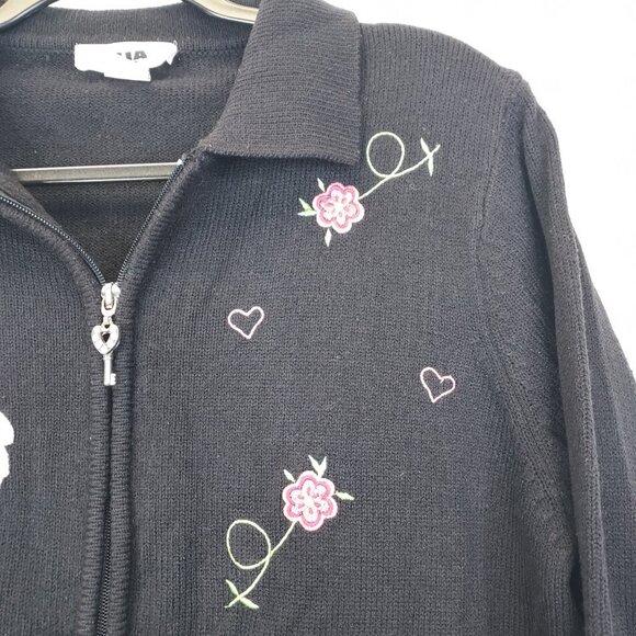 Alia Cat Cardigan Sweater Women's Petite L Black Full Zip Applique Embroidery - Picture 6 of 12
